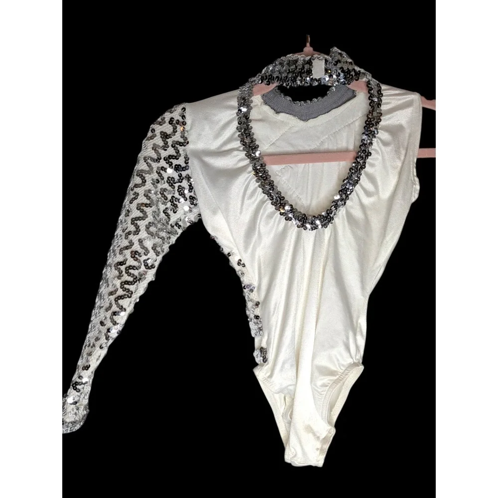 Sequined White Leotard Child Medium Large OOC Asymmetrical One Sleeve Dancewear